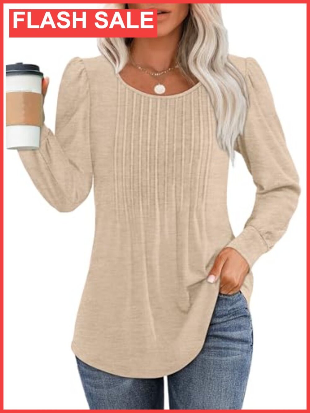 OFEEFAN Long Sleeve Pleated Scoop Neck Tunic Top for Women